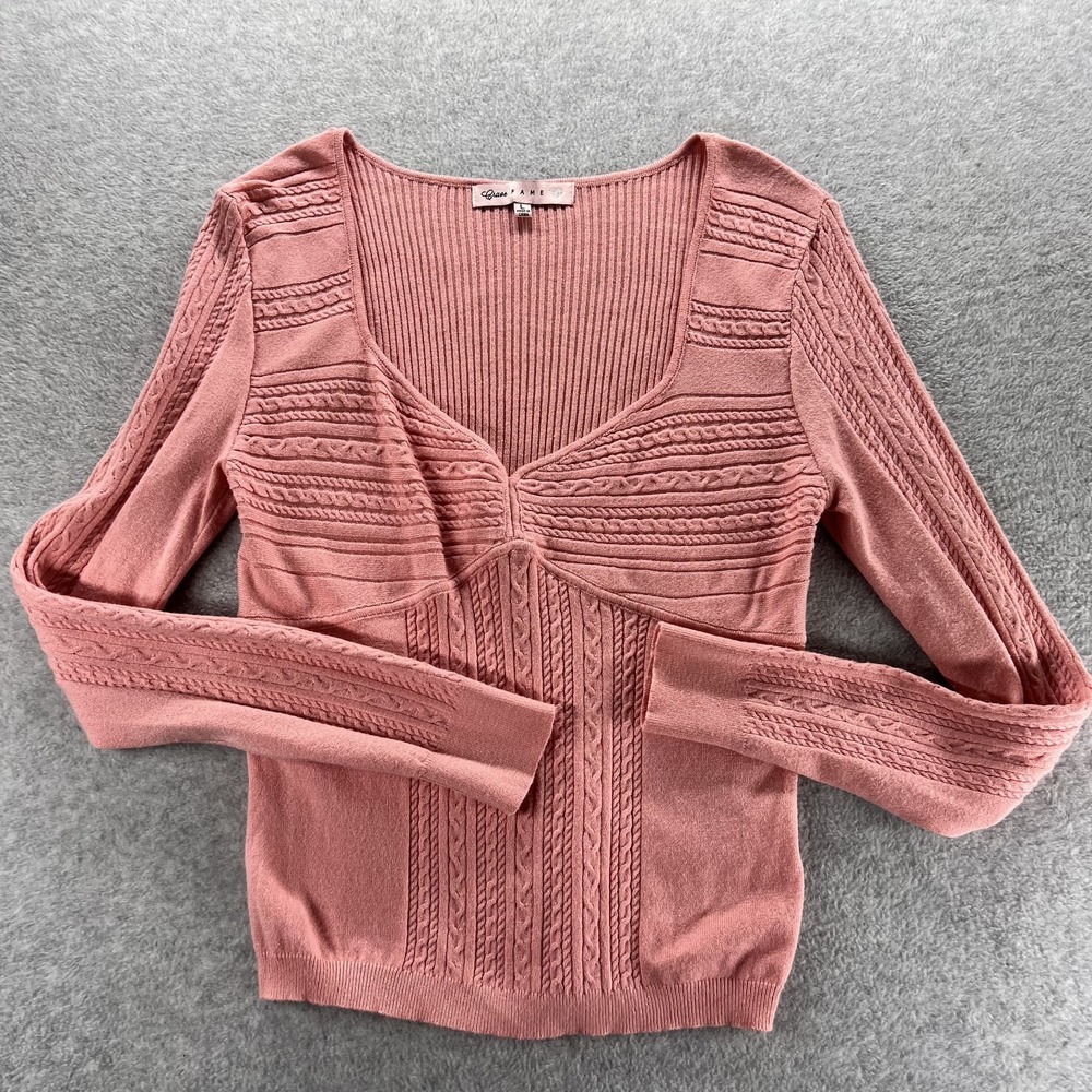 Crave Fame Sweater Womens Large Rose Seamed Bodice Cable Knit V Neck Couquette